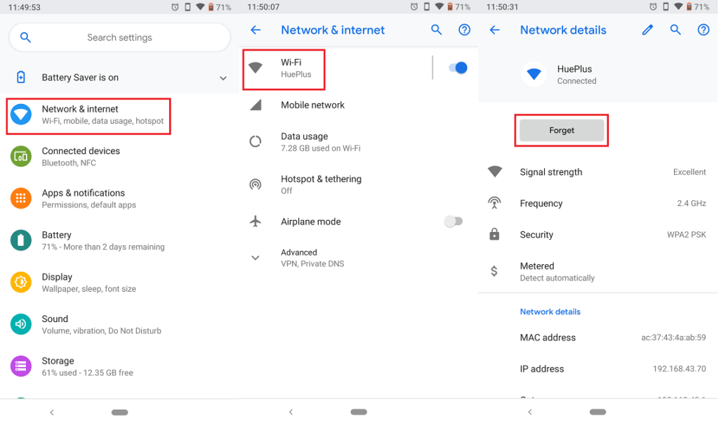 Fix WiFi issues on Android 9 Pie by hitting the forget button on your WiFi connection