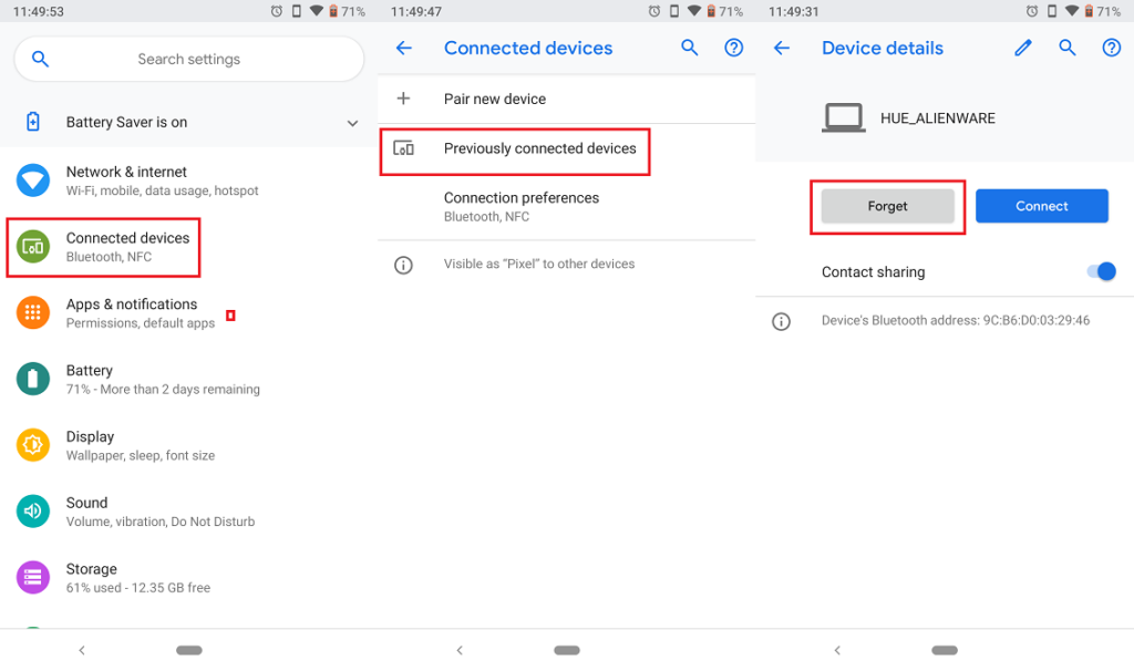 Un-pair and re-pair Bluetooth devices to fix Bluetooth issues on Android 9 Pie.